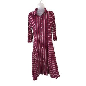 Cover Story Womens Maxi Dress Burgundy Red Striped Size M 3/4 Sleeve Button Up